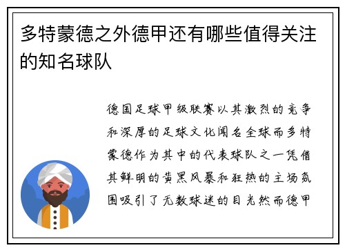 多特蒙德之外德甲还有哪些值得关注的知名球队