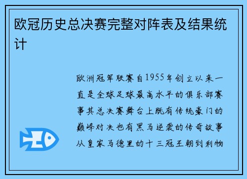 欧冠历史总决赛完整对阵表及结果统计